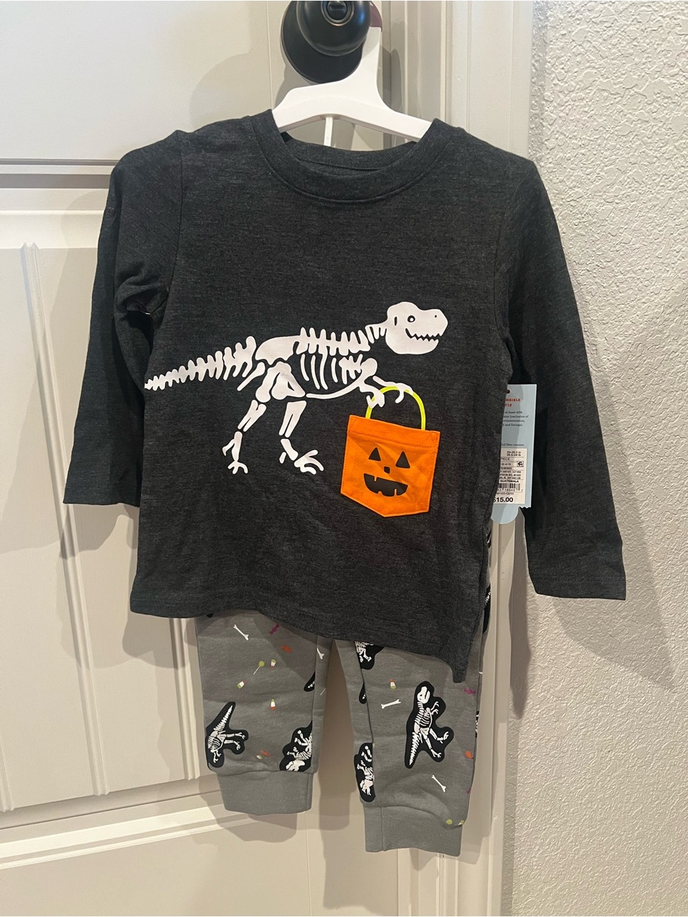 Kids Black Dinosaur Skeleton Halloween Set with Orange Treat Bag